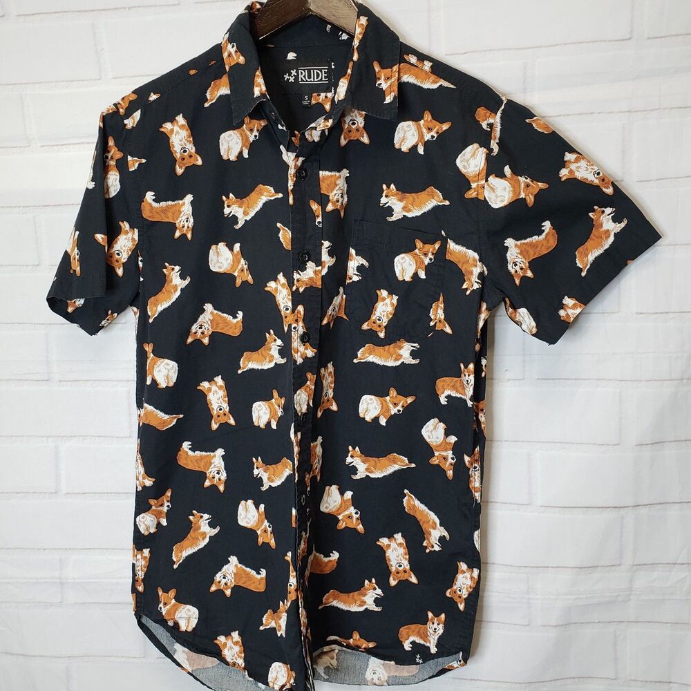 XXX Rude Unisex Corgi Dog Button Down Short Sleeve Shirt size S Slim Fit
